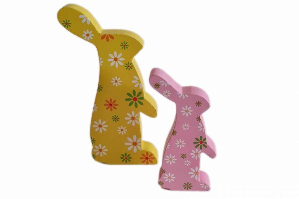 Holzdekoration Hase 2er Set Hasen stehend aus Holz in gelb + rosa geblümt Ostern